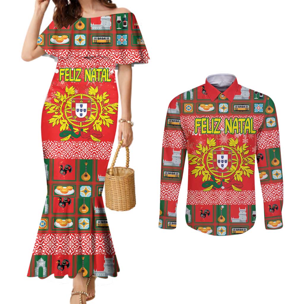 Personalized Portugal Christmas Couples Matching Mermaid Dress and Long Sleeve Button Shirt Coat Of Arms - Feliz Natal