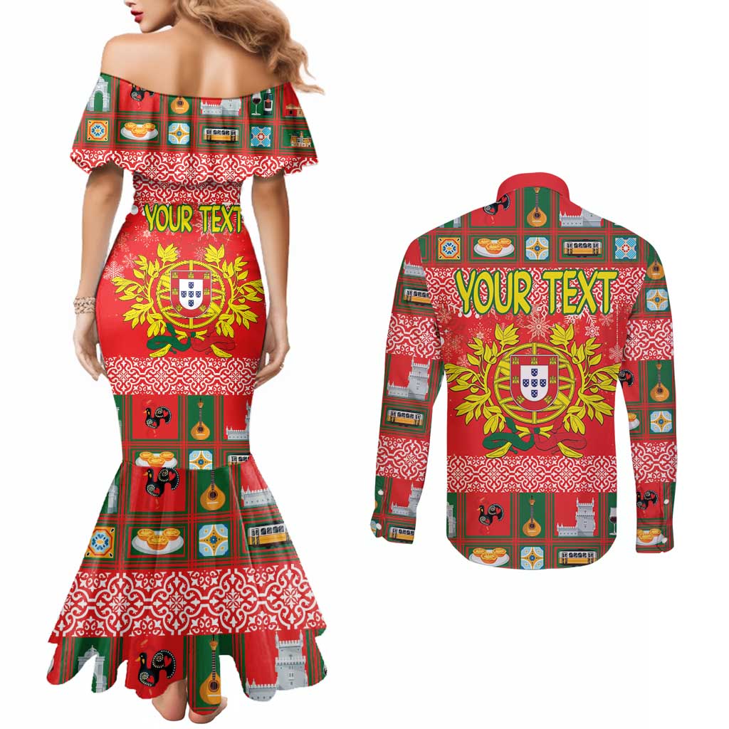 Personalized Portugal Christmas Couples Matching Mermaid Dress and Long Sleeve Button Shirt Coat Of Arms - Feliz Natal