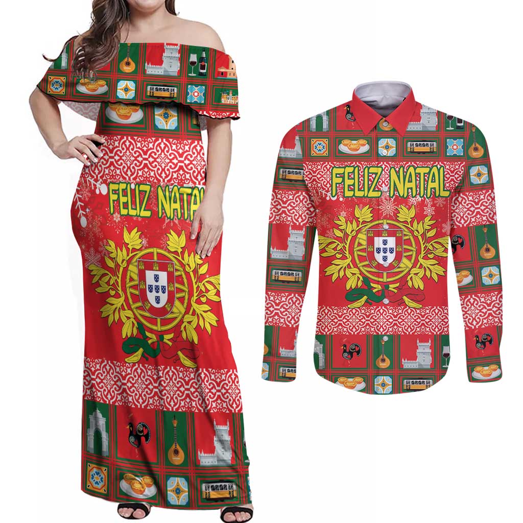 Personalized Portugal Christmas Couples Matching Off Shoulder Maxi Dress and Long Sleeve Button Shirt Coat Of Arms - Feliz Natal - Wonder Print Shop