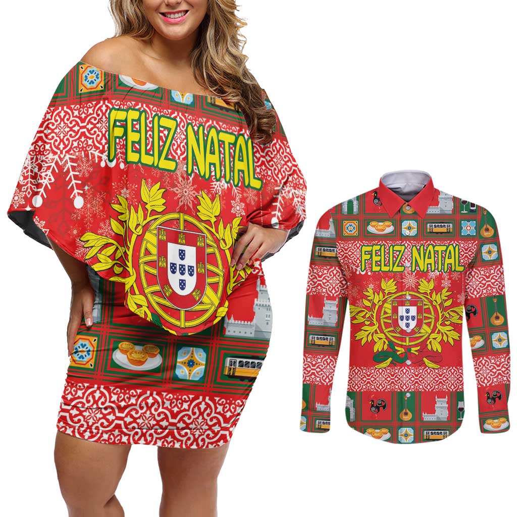 Personalized Portugal Christmas Couples Matching Off Shoulder Short Dress and Long Sleeve Button Shirt Coat Of Arms - Feliz Natal - Wonder Print Shop