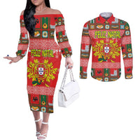 Personalized Portugal Christmas Couples Matching Off The Shoulder Long Sleeve Dress and Long Sleeve Button Shirt Coat Of Arms - Feliz Natal