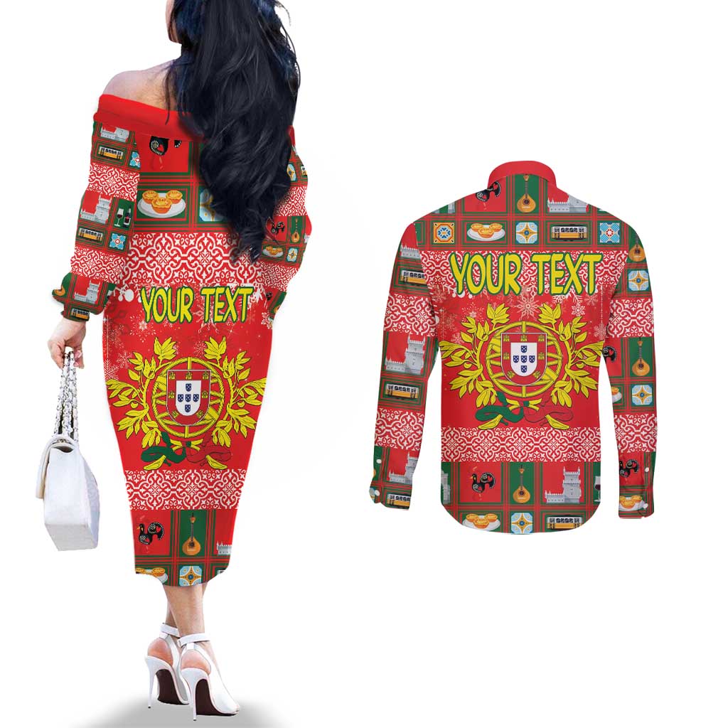 Personalized Portugal Christmas Couples Matching Off The Shoulder Long Sleeve Dress and Long Sleeve Button Shirt Coat Of Arms - Feliz Natal