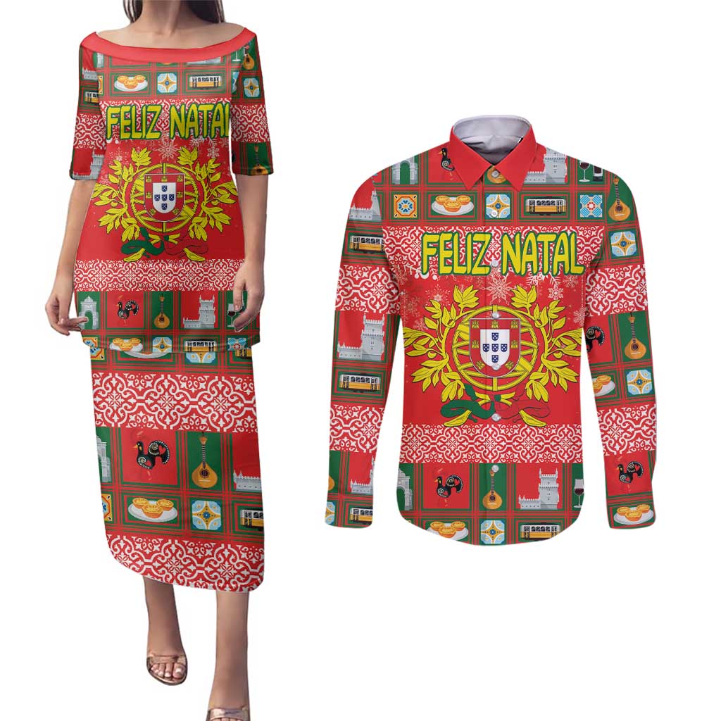 Personalized Portugal Christmas Couples Matching Puletasi and Long Sleeve Button Shirt Coat Of Arms - Feliz Natal - Wonder Print Shop