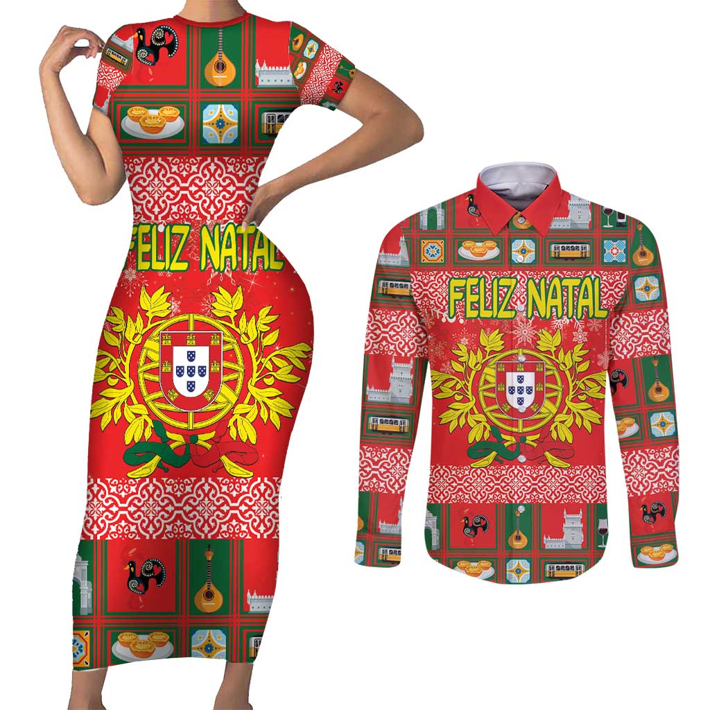 Personalized Portugal Christmas Couples Matching Short Sleeve Bodycon Dress and Long Sleeve Button Shirt Coat Of Arms - Feliz Natal - Wonder Print Shop