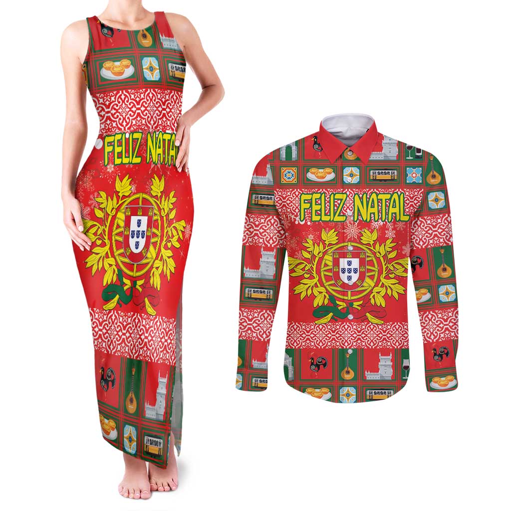 Personalized Portugal Christmas Couples Matching Tank Maxi Dress and Long Sleeve Button Shirt Coat Of Arms - Feliz Natal - Wonder Print Shop
