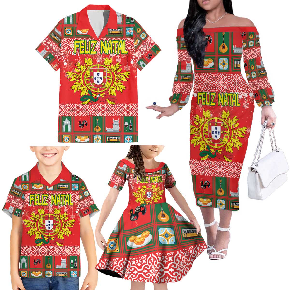 Personalized Portugal Christmas Family Matching Off The Shoulder Long Sleeve Dress and Hawaiian Shirt Coat Of Arms - Feliz Natal - Wonder Print Shop