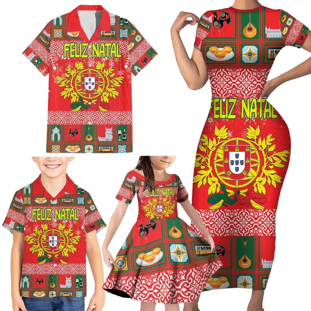 Personalized Portugal Christmas Family Matching Short Sleeve Bodycon Dress and Hawaiian Shirt Coat Of Arms - Feliz Natal - Wonder Print Shop