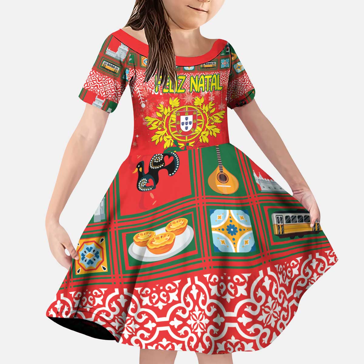 Personalized Portugal Christmas Kid Short Sleeve Dress Coat Of Arms - Feliz Natal - Wonder Print Shop