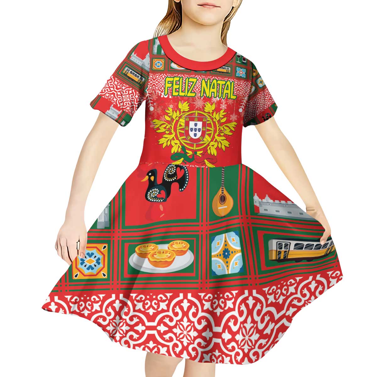 Personalized Portugal Christmas Kid Short Sleeve Dress Coat Of Arms - Feliz Natal - Wonder Print Shop