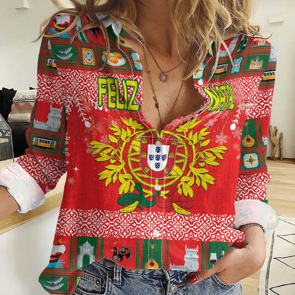 Personalized Portugal Christmas Women Casual Shirt Coat Of Arms - Feliz Natal - Wonder Print Shop