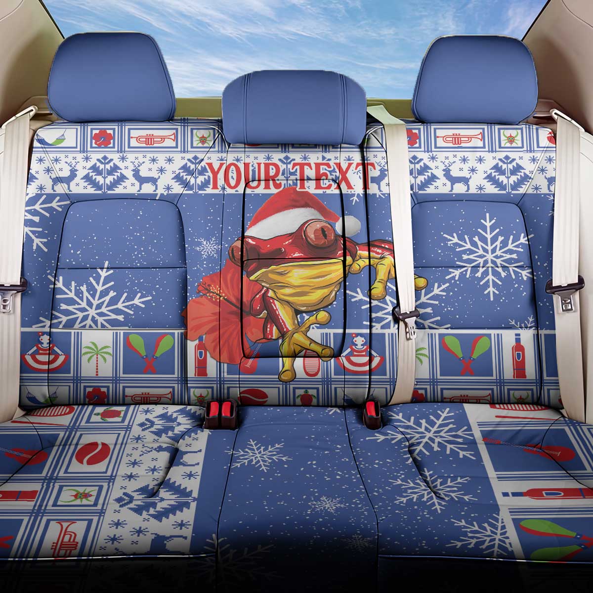 Personalized Puerto Rico Christmas Back Car Seat Cover Coqui With Red Maga Flower - Wonder Print Shop