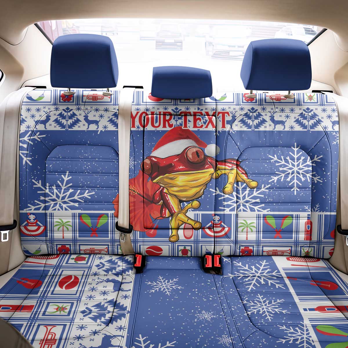 Personalized Puerto Rico Christmas Back Car Seat Cover Coqui With Red Maga Flower - Wonder Print Shop