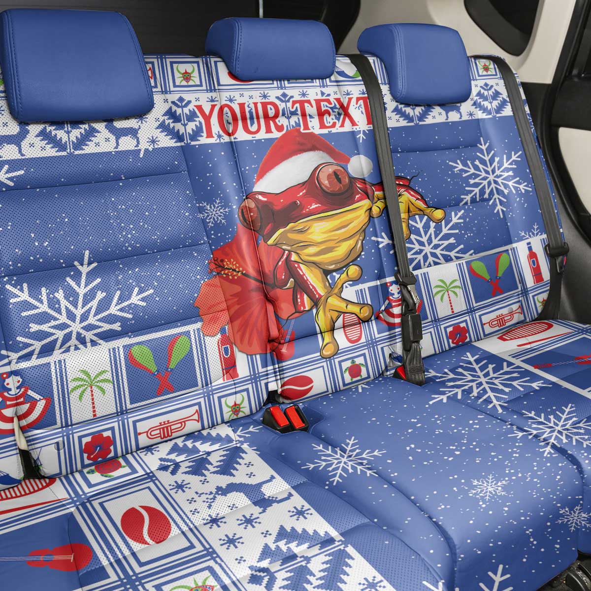 Personalized Puerto Rico Christmas Back Car Seat Cover Coqui With Red Maga Flower - Wonder Print Shop
