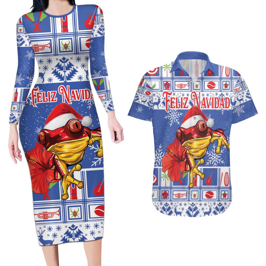 Personalized Puerto Rico Christmas Couples Matching Long Sleeve Bodycon Dress and Hawaiian Shirt Coqui With Red Maga Flower - Wonder Print Shop