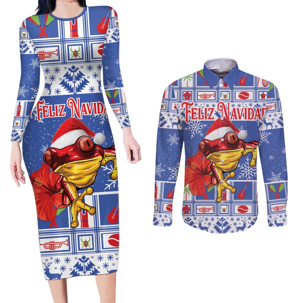Personalized Puerto Rico Christmas Couples Matching Long Sleeve Bodycon Dress and Long Sleeve Button Shirt Coqui With Red Maga Flower - Wonder Print Shop