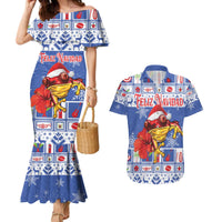 Personalized Puerto Rico Christmas Couples Matching Mermaid Dress and Hawaiian Shirt Coqui With Red Maga Flower - Wonder Print Shop
