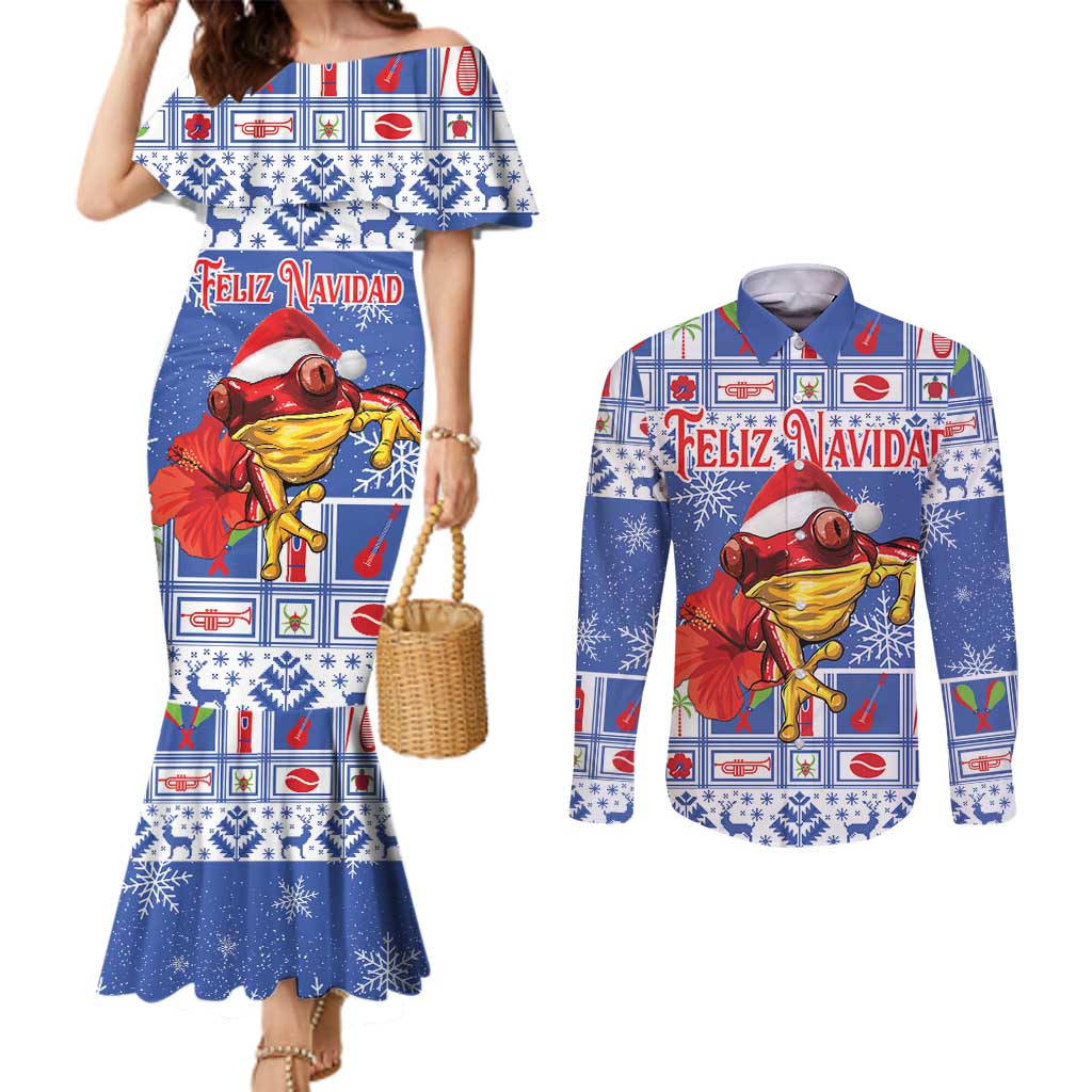 Personalized Puerto Rico Christmas Couples Matching Mermaid Dress and Long Sleeve Button Shirt Coqui With Red Maga Flower