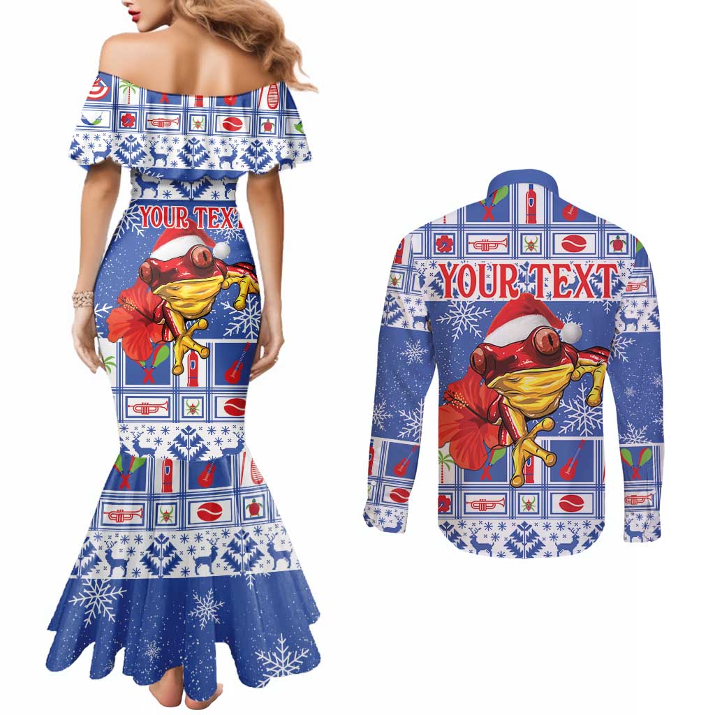 Personalized Puerto Rico Christmas Couples Matching Mermaid Dress and Long Sleeve Button Shirt Coqui With Red Maga Flower