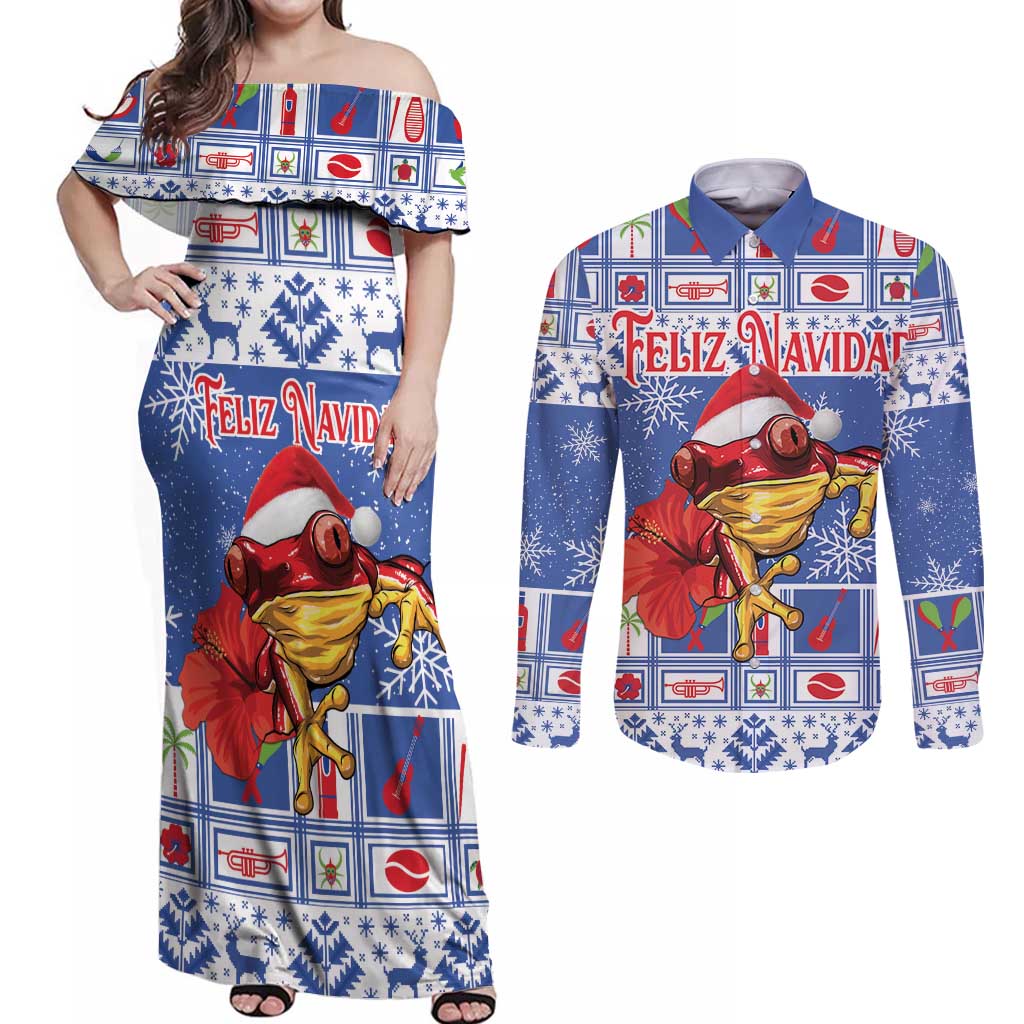 Personalized Puerto Rico Christmas Couples Matching Off Shoulder Maxi Dress and Long Sleeve Button Shirt Coqui With Red Maga Flower - Wonder Print Shop