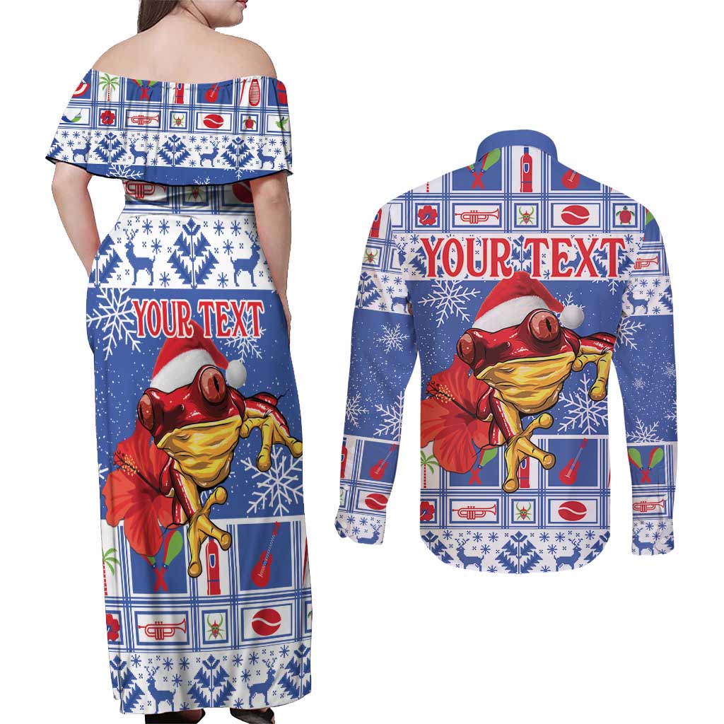 Personalized Puerto Rico Christmas Couples Matching Off Shoulder Maxi Dress and Long Sleeve Button Shirt Coqui With Red Maga Flower - Wonder Print Shop