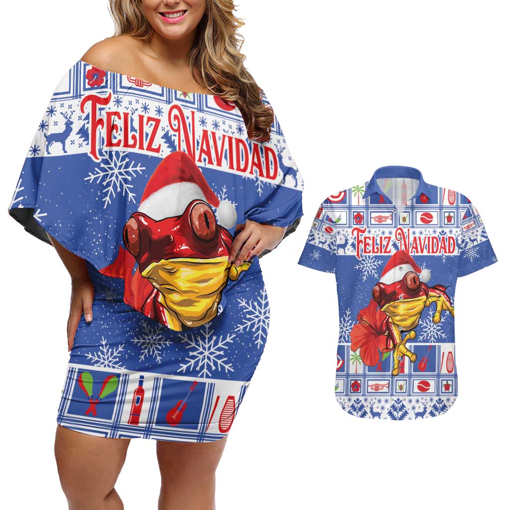 Personalized Puerto Rico Christmas Couples Matching Off Shoulder Short Dress and Hawaiian Shirt Coqui With Red Maga Flower - Wonder Print Shop