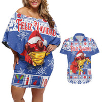 Personalized Puerto Rico Christmas Couples Matching Off Shoulder Short Dress and Hawaiian Shirt Coqui With Red Maga Flower - Wonder Print Shop