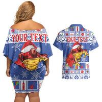 Personalized Puerto Rico Christmas Couples Matching Off Shoulder Short Dress and Hawaiian Shirt Coqui With Red Maga Flower - Wonder Print Shop