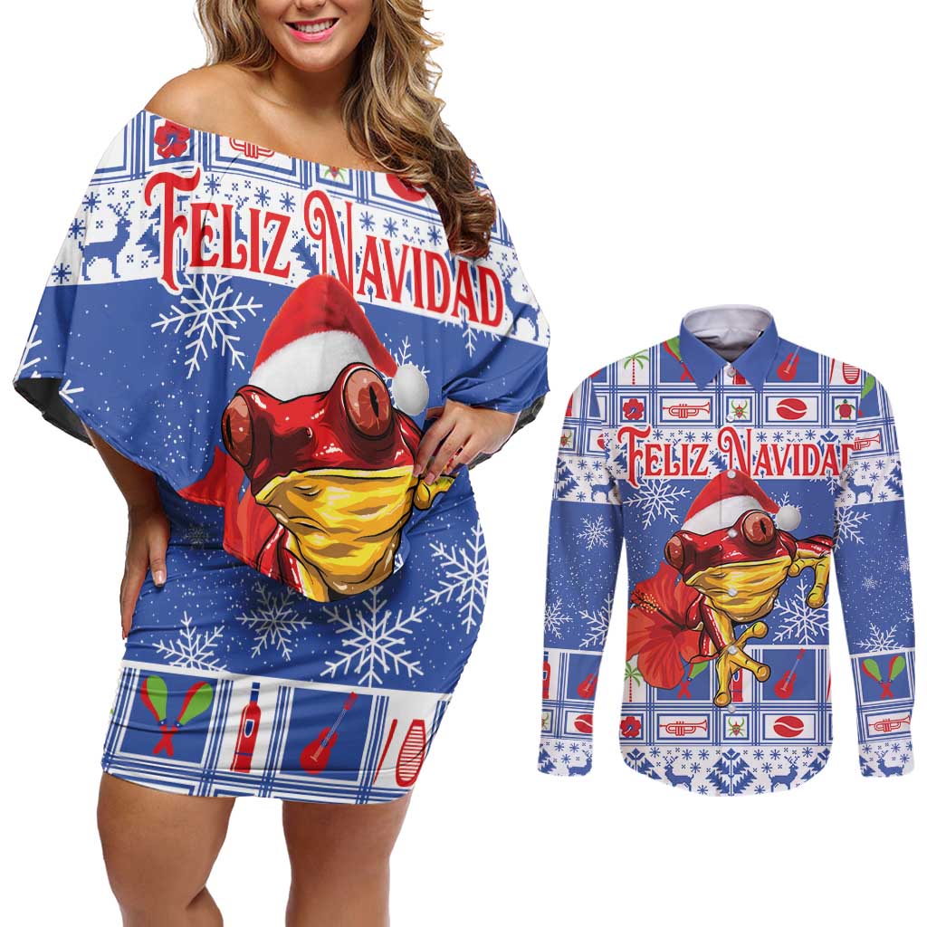 Personalized Puerto Rico Christmas Couples Matching Off Shoulder Short Dress and Long Sleeve Button Shirt Coqui With Red Maga Flower - Wonder Print Shop