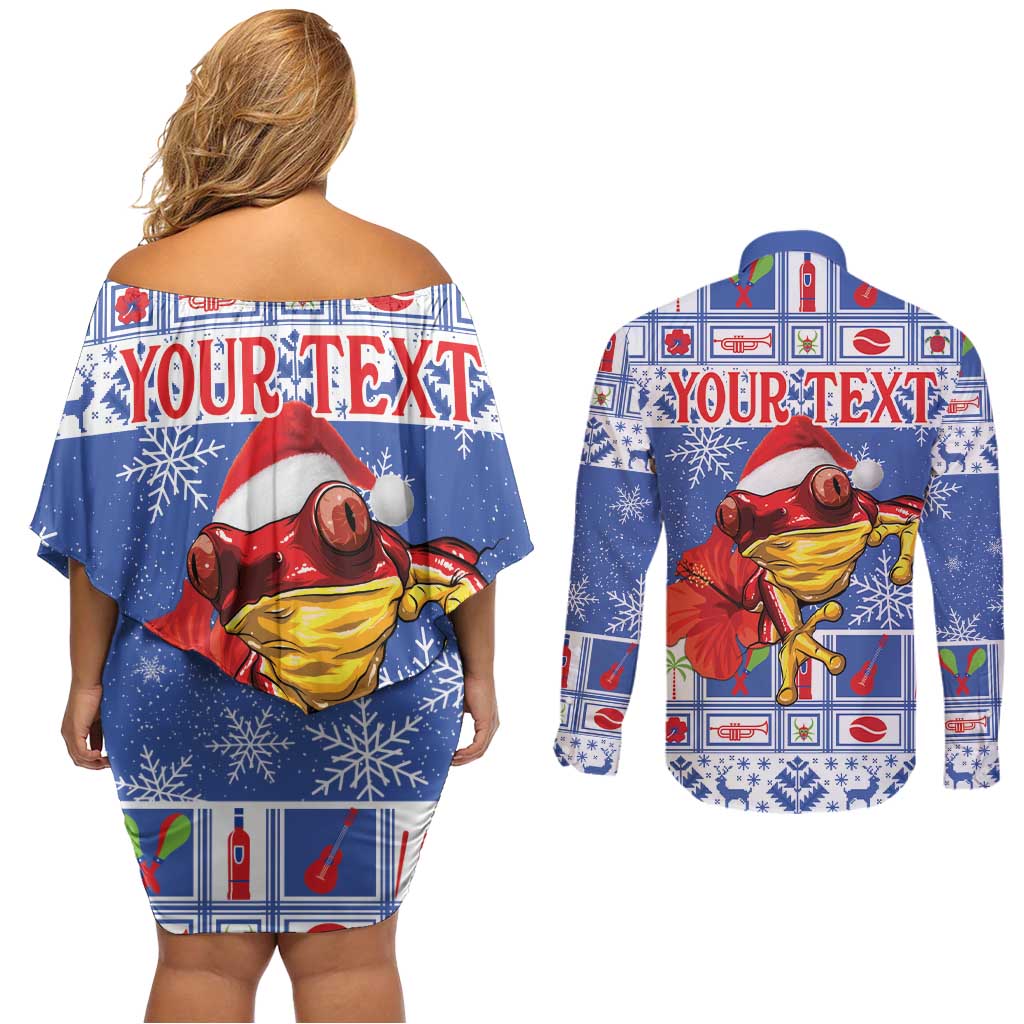 Personalized Puerto Rico Christmas Couples Matching Off Shoulder Short Dress and Long Sleeve Button Shirt Coqui With Red Maga Flower - Wonder Print Shop