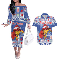 Personalized Puerto Rico Christmas Couples Matching Off The Shoulder Long Sleeve Dress and Hawaiian Shirt Coqui With Red Maga Flower - Wonder Print Shop