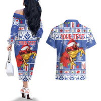 Personalized Puerto Rico Christmas Couples Matching Off The Shoulder Long Sleeve Dress and Hawaiian Shirt Coqui With Red Maga Flower - Wonder Print Shop