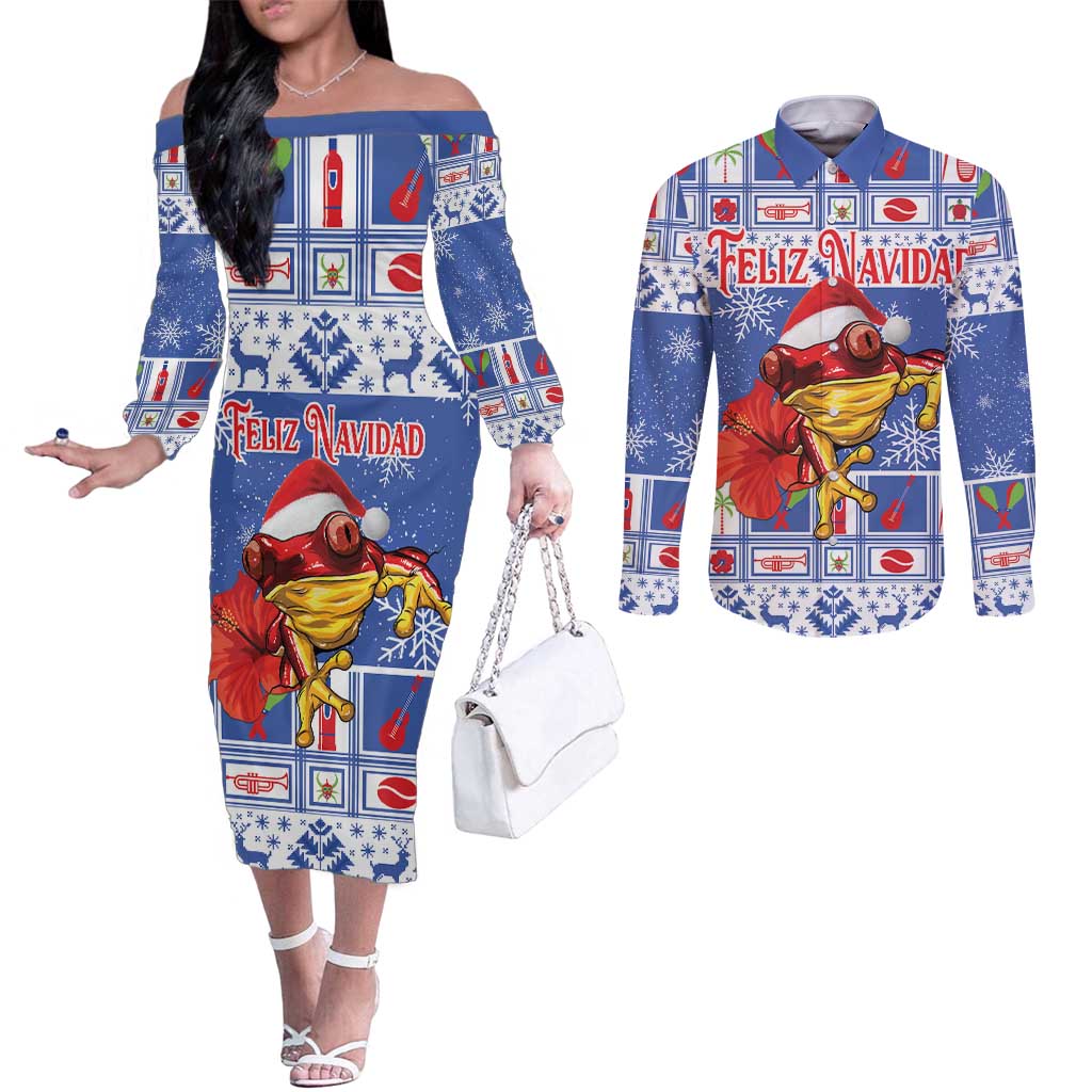 Personalized Puerto Rico Christmas Couples Matching Off The Shoulder Long Sleeve Dress and Long Sleeve Button Shirt Coqui With Red Maga Flower