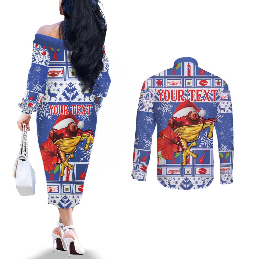 Personalized Puerto Rico Christmas Couples Matching Off The Shoulder Long Sleeve Dress and Long Sleeve Button Shirt Coqui With Red Maga Flower