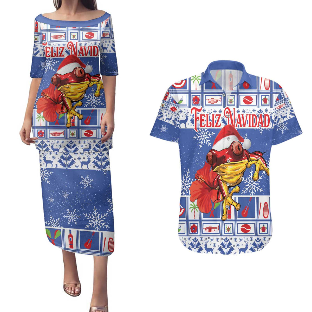 Personalized Puerto Rico Christmas Couples Matching Puletasi and Hawaiian Shirt Coqui With Red Maga Flower - Wonder Print Shop