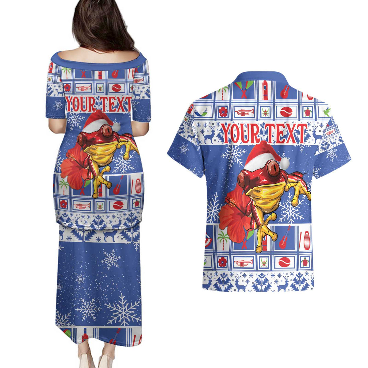 Personalized Puerto Rico Christmas Couples Matching Puletasi and Hawaiian Shirt Coqui With Red Maga Flower - Wonder Print Shop