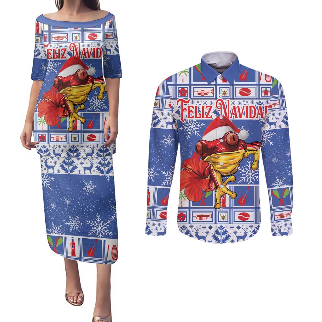 Personalized Puerto Rico Christmas Couples Matching Puletasi and Long Sleeve Button Shirt Coqui With Red Maga Flower - Wonder Print Shop