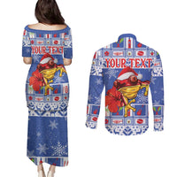 Personalized Puerto Rico Christmas Couples Matching Puletasi and Long Sleeve Button Shirt Coqui With Red Maga Flower - Wonder Print Shop