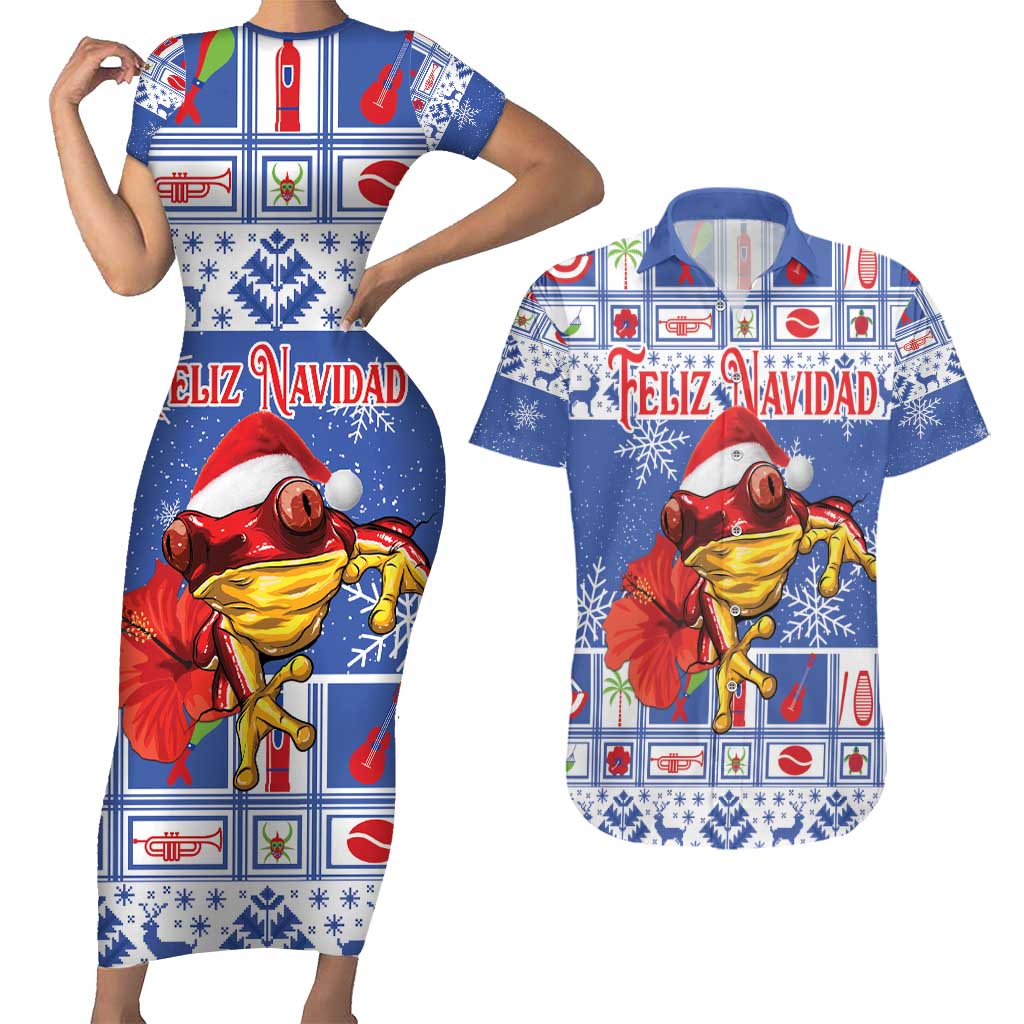 Personalized Puerto Rico Christmas Couples Matching Short Sleeve Bodycon Dress and Hawaiian Shirt Coqui With Red Maga Flower - Wonder Print Shop