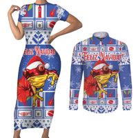 Personalized Puerto Rico Christmas Couples Matching Short Sleeve Bodycon Dress and Long Sleeve Button Shirt Coqui With Red Maga Flower - Wonder Print Shop