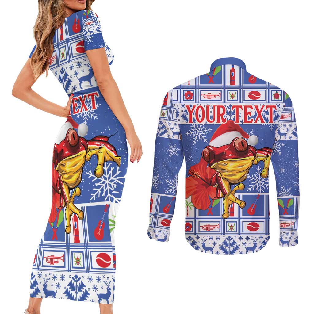 Personalized Puerto Rico Christmas Couples Matching Short Sleeve Bodycon Dress and Long Sleeve Button Shirt Coqui With Red Maga Flower - Wonder Print Shop