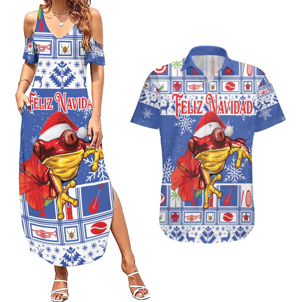 Personalized Puerto Rico Christmas Couples Matching Summer Maxi Dress and Hawaiian Shirt Coqui With Red Maga Flower - Wonder Print Shop