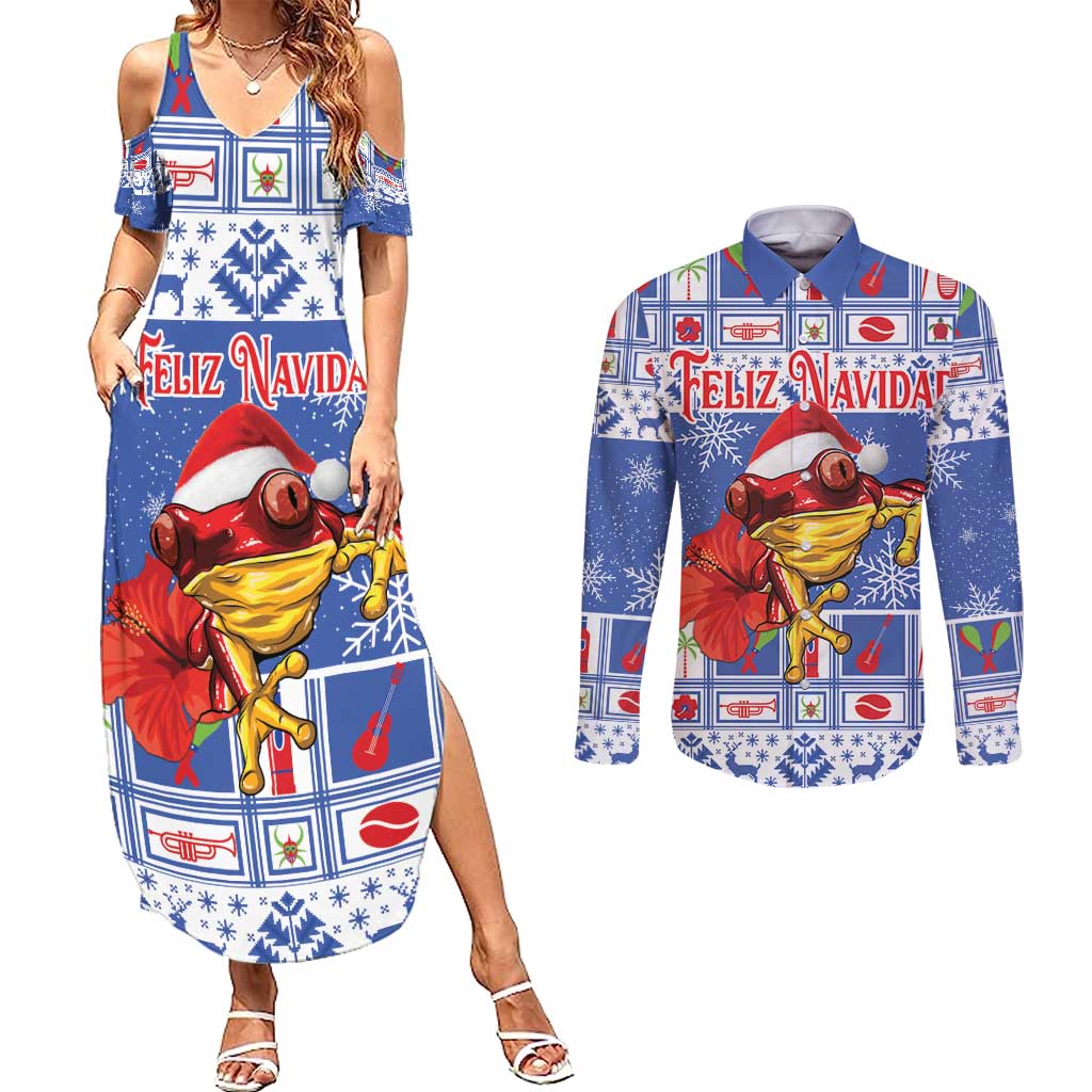Personalized Puerto Rico Christmas Couples Matching Summer Maxi Dress and Long Sleeve Button Shirt Coqui With Red Maga Flower - Wonder Print Shop