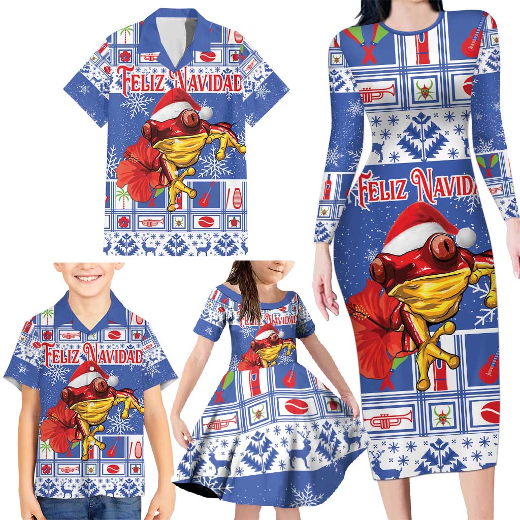 Personalized Puerto Rico Christmas Family Matching Long Sleeve Bodycon Dress and Hawaiian Shirt Coqui With Red Maga Flower - Wonder Print Shop