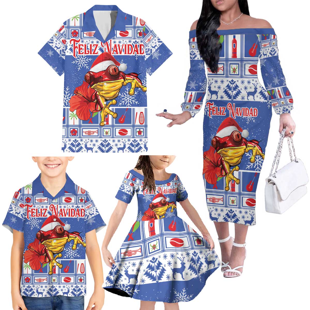 Personalized Puerto Rico Christmas Family Matching Off The Shoulder Long Sleeve Dress and Hawaiian Shirt Coqui With Red Maga Flower - Wonder Print Shop