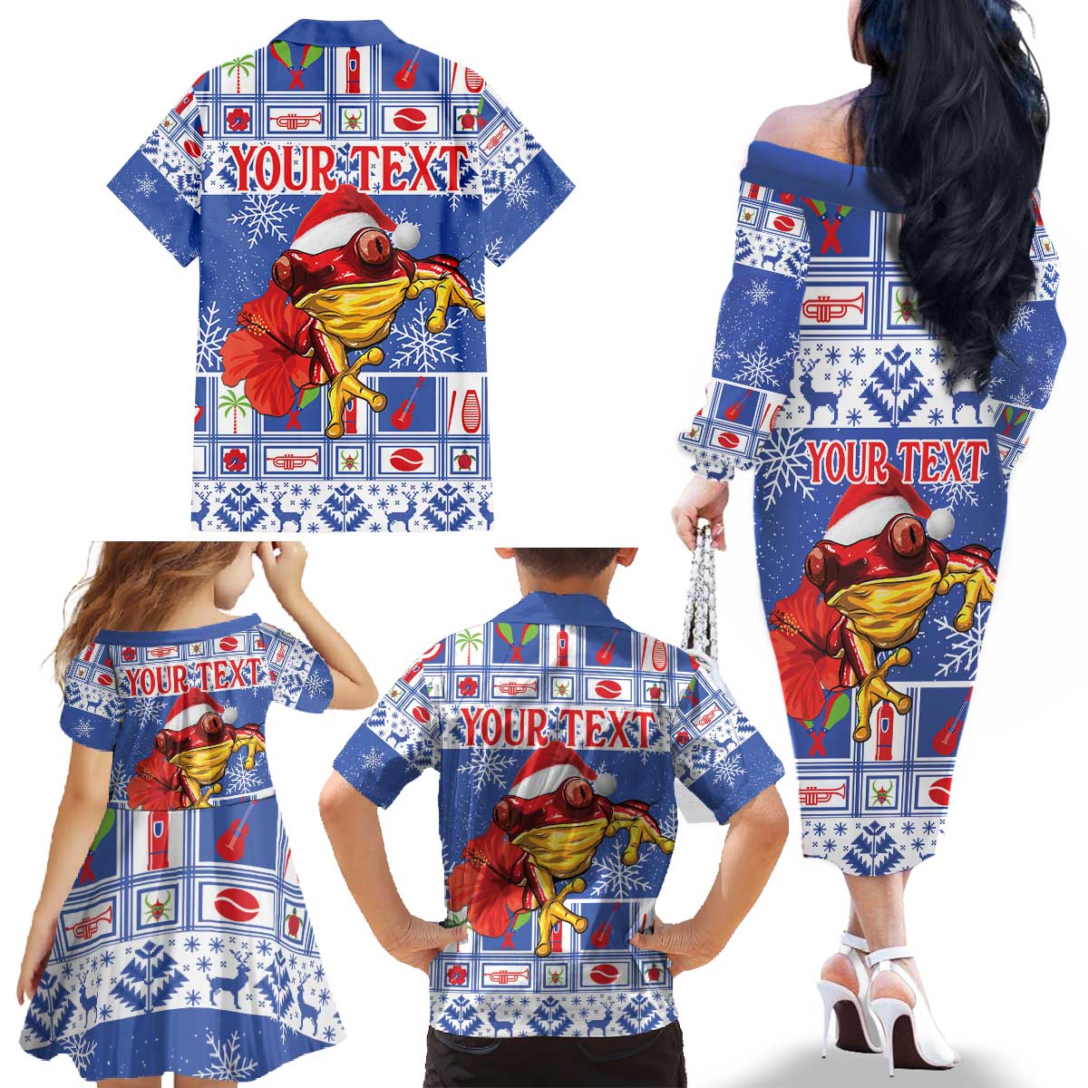 Personalized Puerto Rico Christmas Family Matching Off The Shoulder Long Sleeve Dress and Hawaiian Shirt Coqui With Red Maga Flower - Wonder Print Shop
