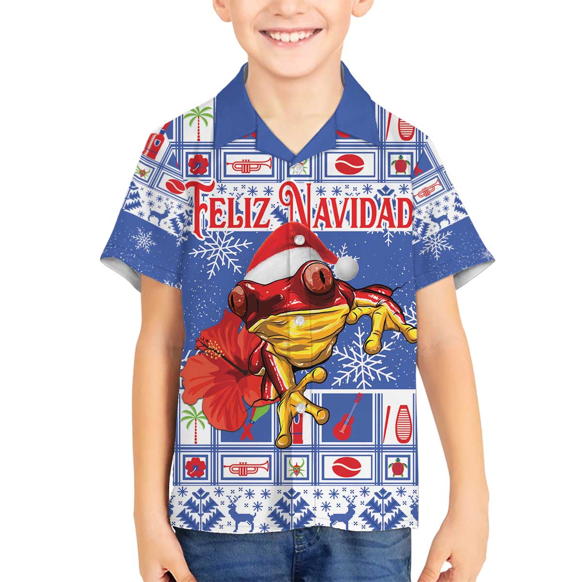 Personalized Puerto Rico Christmas Family Matching Off The Shoulder Long Sleeve Dress and Hawaiian Shirt Coqui With Red Maga Flower - Wonder Print Shop