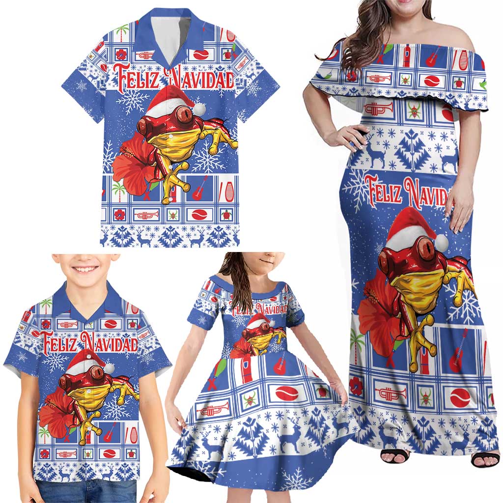Personalized Puerto Rico Christmas Family Matching Off Shoulder Maxi Dress and Hawaiian Shirt Coqui With Red Maga Flower - Wonder Print Shop