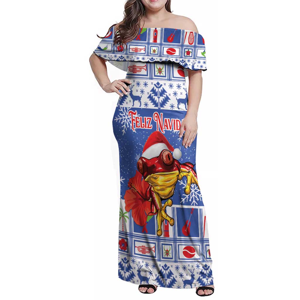 Personalized Puerto Rico Christmas Family Matching Off Shoulder Maxi Dress and Hawaiian Shirt Coqui With Red Maga Flower - Wonder Print Shop