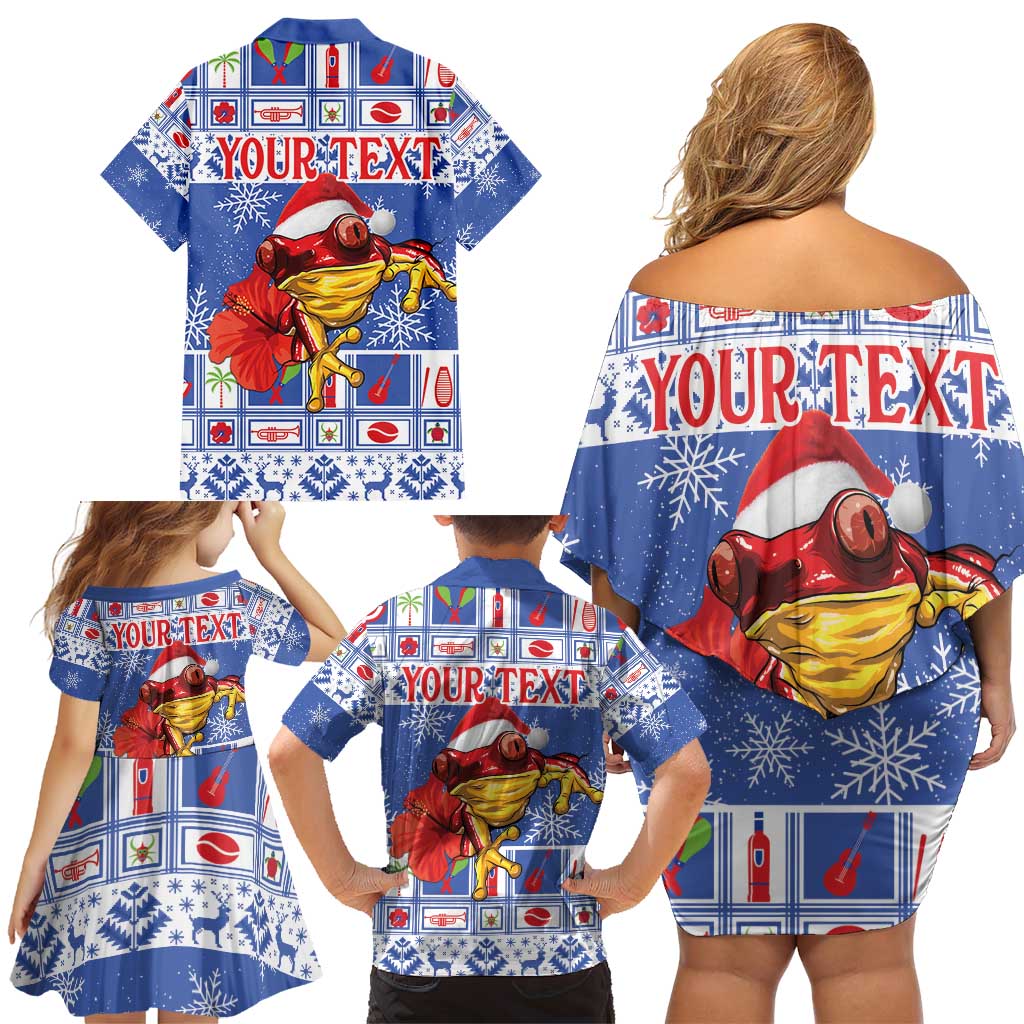 Personalized Puerto Rico Christmas Family Matching Off Shoulder Short Dress and Hawaiian Shirt Coqui With Red Maga Flower - Wonder Print Shop