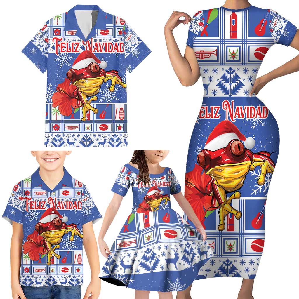 Personalized Puerto Rico Christmas Family Matching Short Sleeve Bodycon Dress and Hawaiian Shirt Coqui With Red Maga Flower - Wonder Print Shop